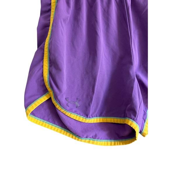 Under Armour Women Purple Yellow Running Shorts Athletic Workout Gym Size Medium - Picture 2 of 4